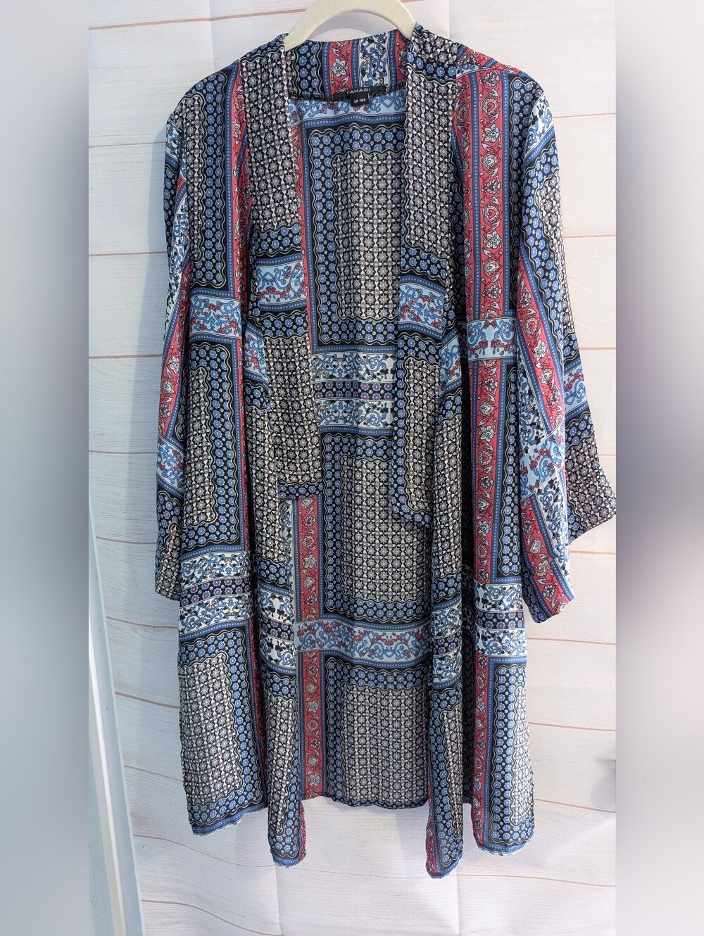 Nwot Tahari Blue, Red & Black Printed Open Kimono Cardigan Swimsuit Cover S/M